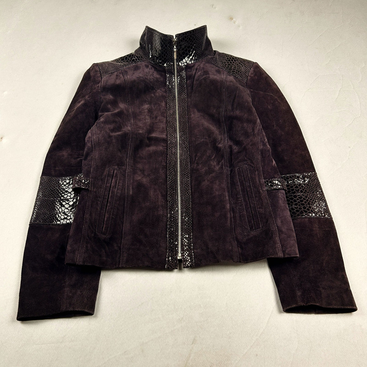 Vintage Y2K Genuine Suede Leather Jacket with Snakeskin Panel Moto