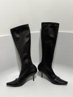 Vtg CHANEL BLACK LEATHER CC LOGO SOCK BOOTS 39