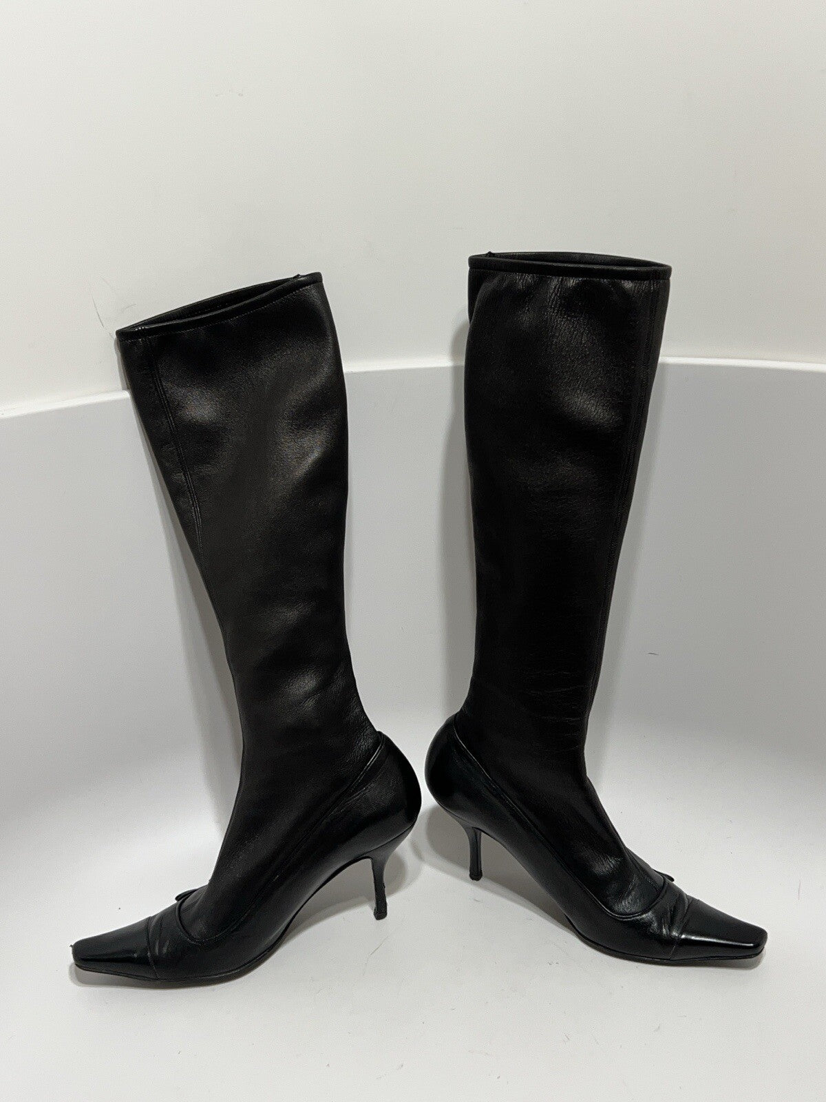 Vtg CHANEL BLACK LEATHER CC LOGO SOCK BOOTS 39