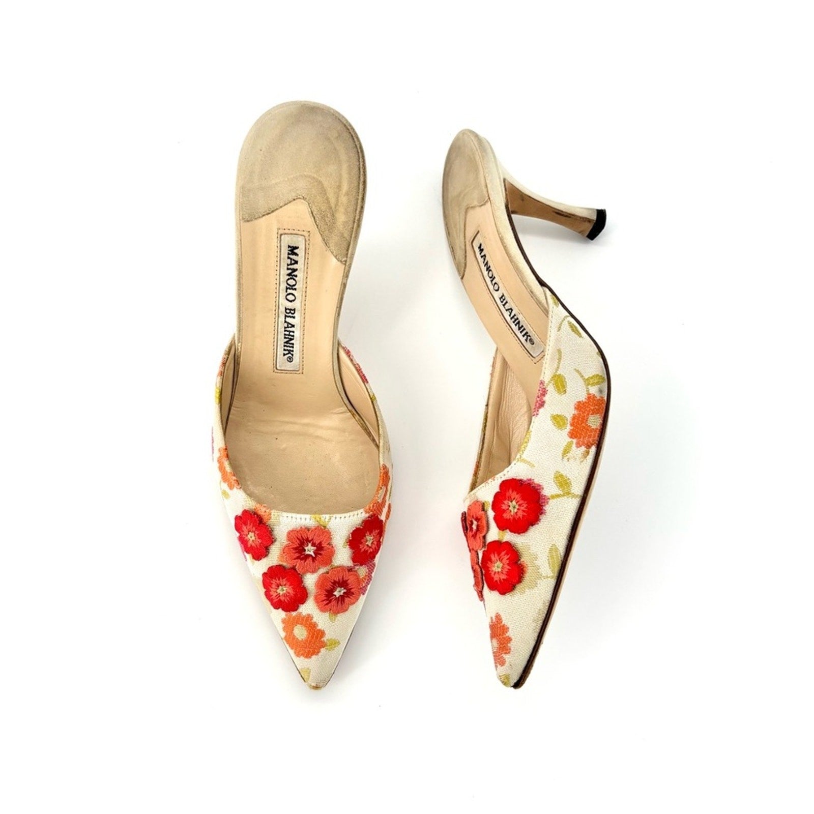 Manolo Blahnik Retro Vintage Floral Applique Pointed Toe Kitten Heel Mules 36.5