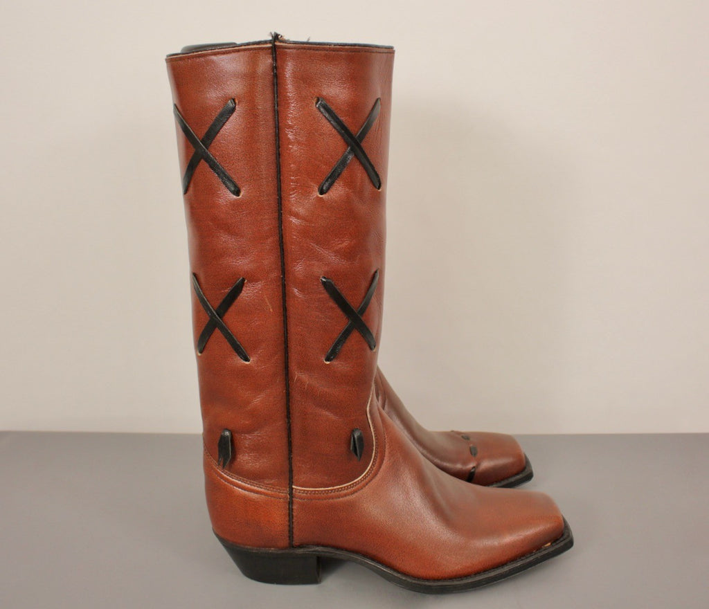 Men's VTG NOS Brown Leather Square Toe Cowboy Boots Sz 8 D 1970s