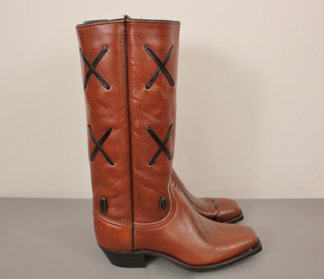 Men's VTG NOS Brown Leather Square Toe Cowboy Boots Sz 8 D 1970s