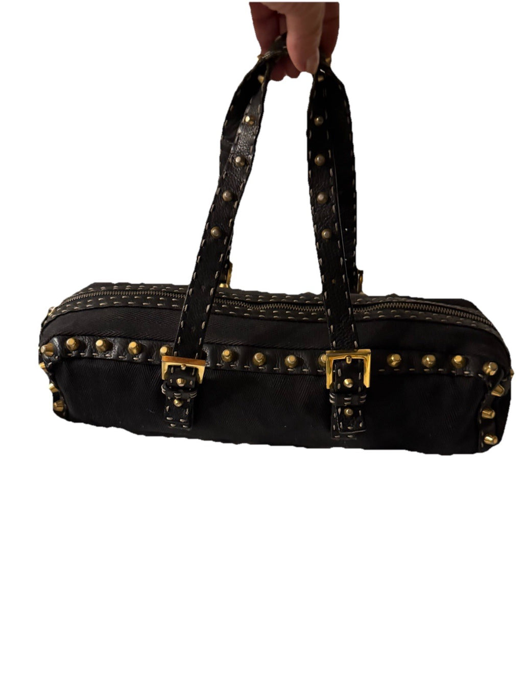 Auth.FENDI SELLERIA Black Canvas Leather -Trimmed Studded Handbag Vintage 2000s
