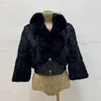 Y2K Black Rabbit and Fox Fur Leather Crop Jacket