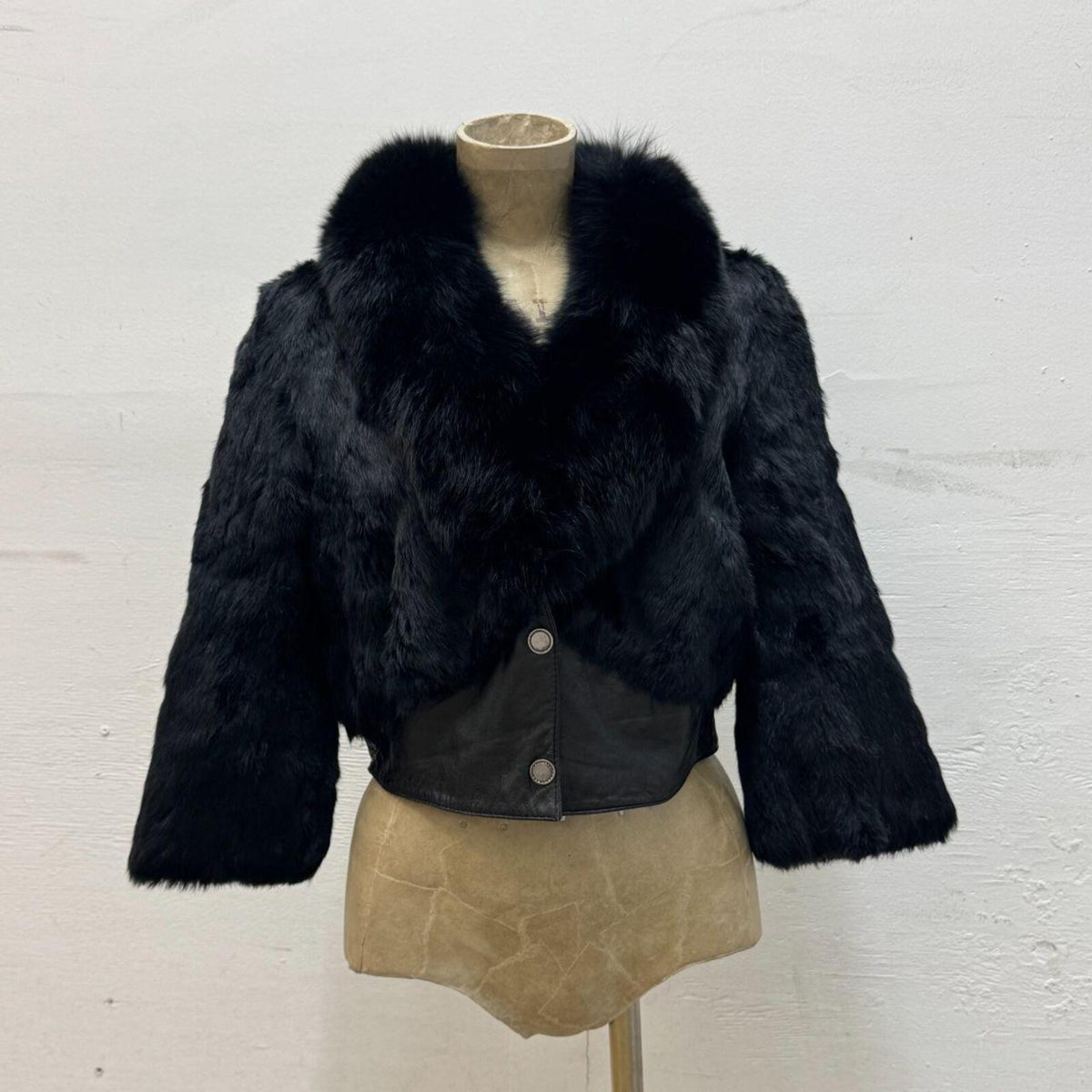 Y2K Black Rabbit and Fox Fur Leather Crop Jacket