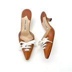 Vintage Manolo Blahnik Bow Laceup Brown Leather Pointed Toe Heeled Mules 37.5