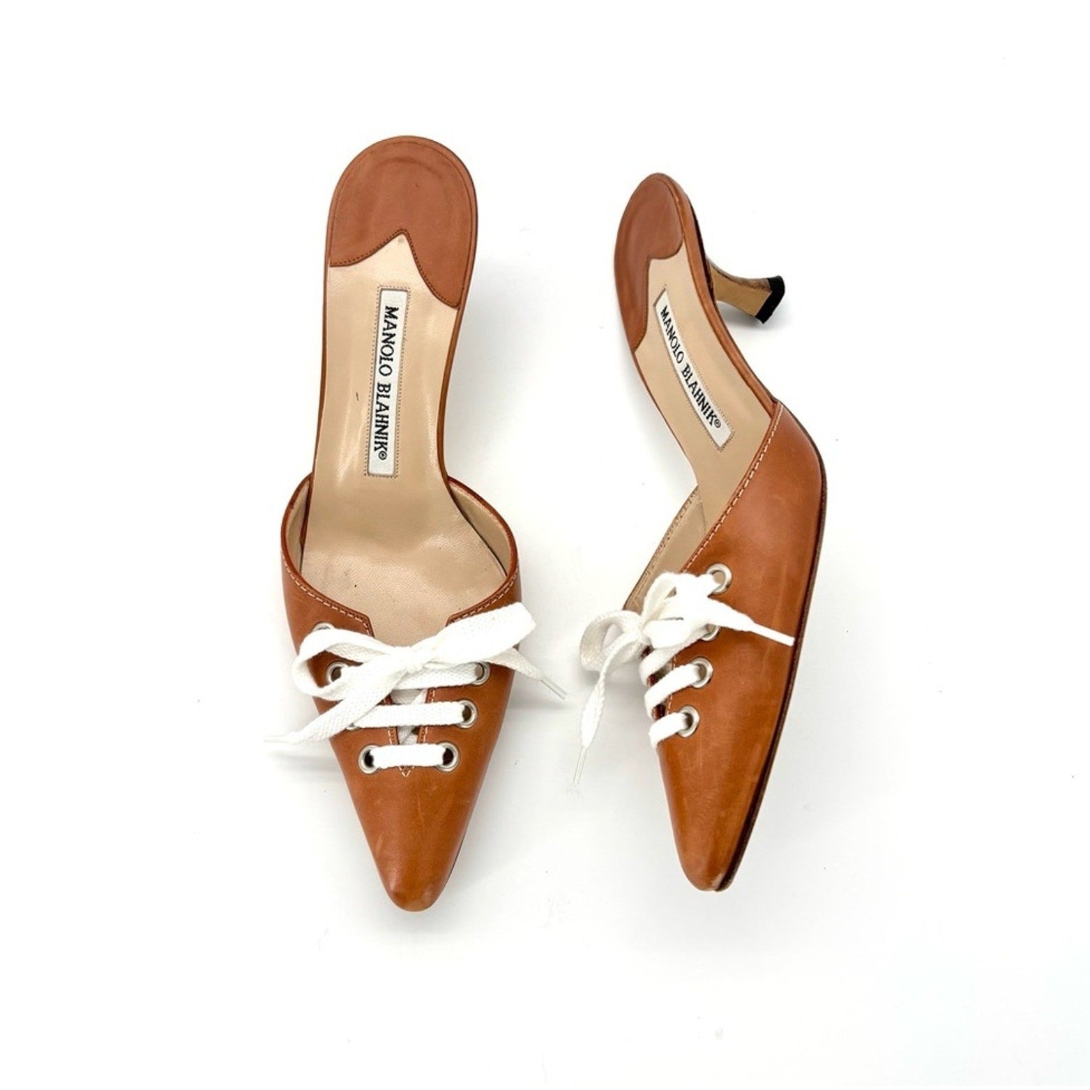 Vintage Manolo Blahnik Bow Laceup Brown Leather Pointed Toe Heeled Mules 37.5