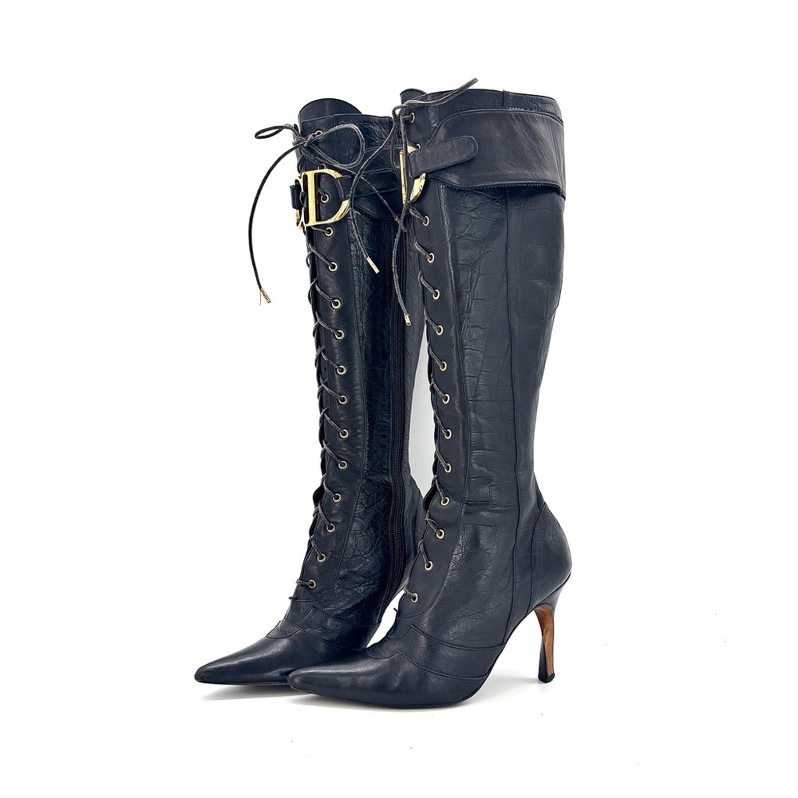 Vintage Christian Dior Fall 2000 CD Croc Emboss Pointed Toe Knee High Boots 37.5