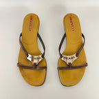 Prada | Auth Brown Leather Silver Logo Buckle Kitten Sandal Heels (34.5)
