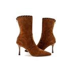 Manolo Blahnik Brown Suede Whipstitch Pointed Toe Mid Calf Heeled Boots 37.5