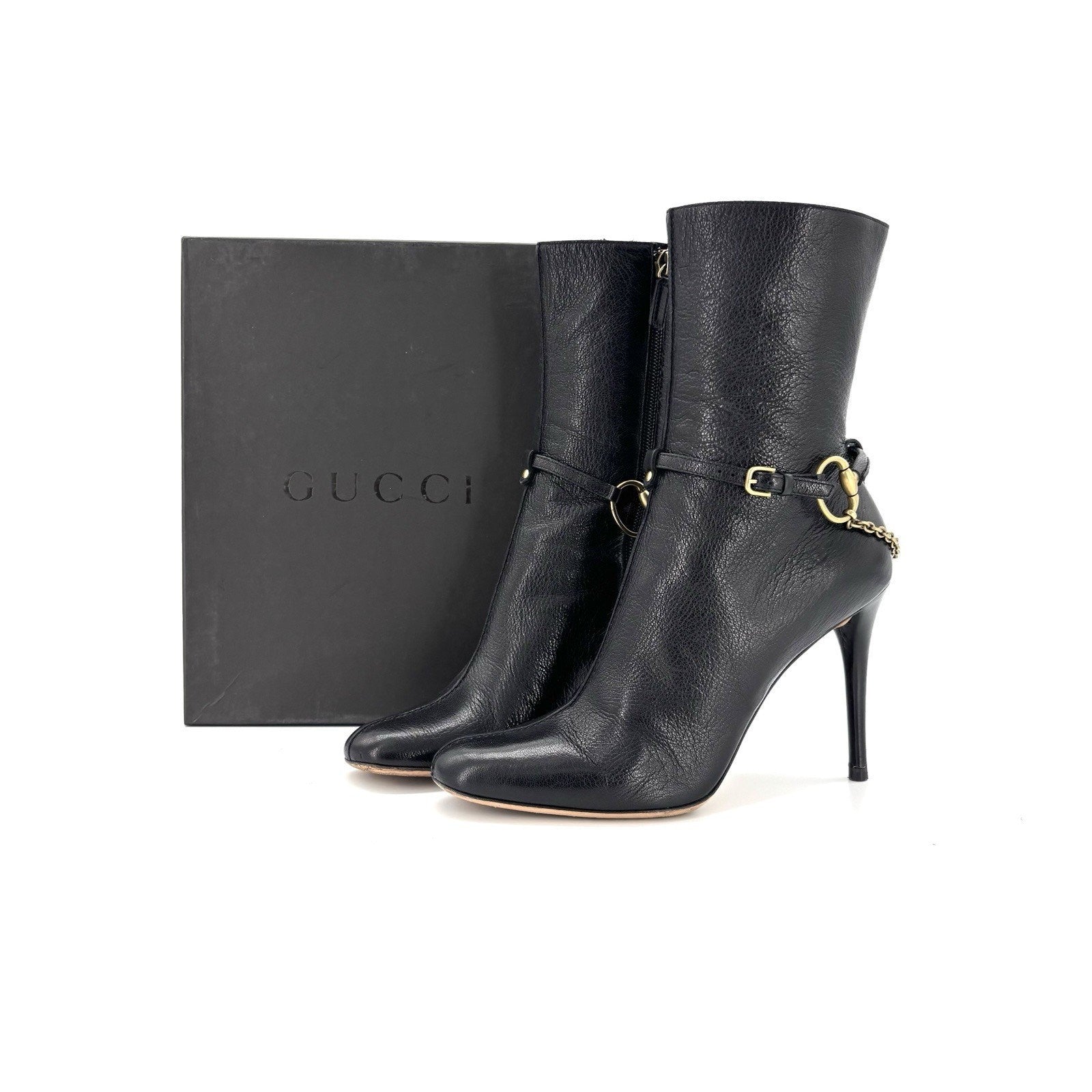 Vintage Gucci Horsebit Chain Harness Black Leather Ankle High Heeled Boots 39.5