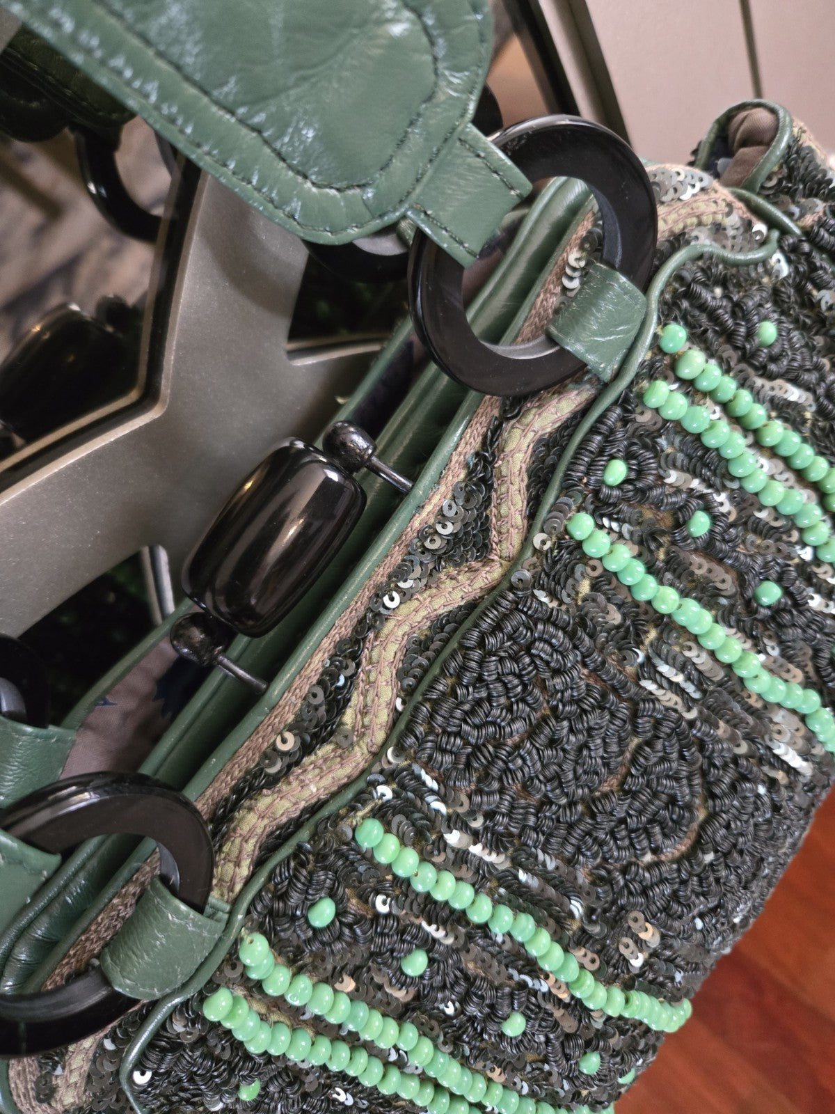 Jamin Puech Paris Beaded Sequin Leather Shoulder Bag Green