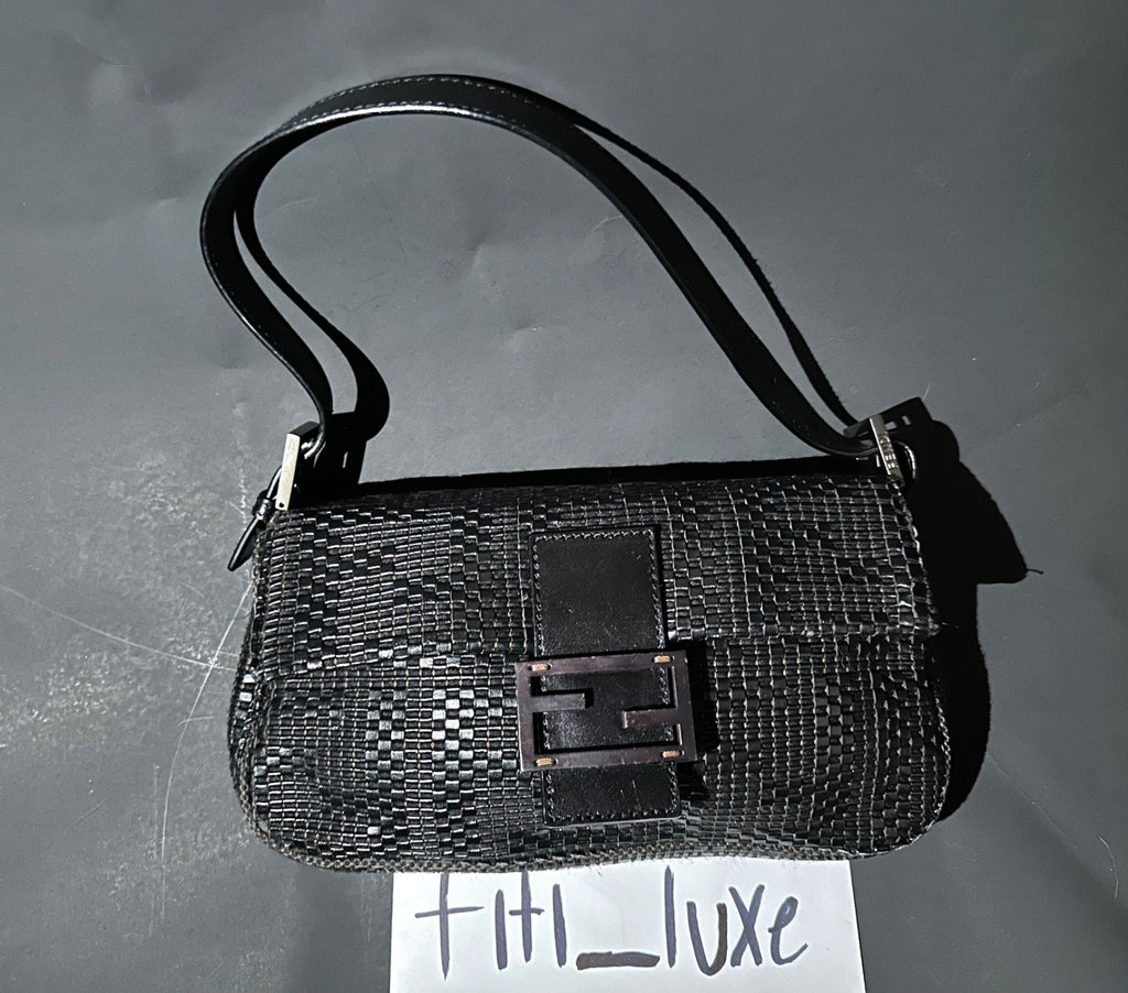 FENDI Baguette Black Woven Zucca Monogram Shoulder Bag