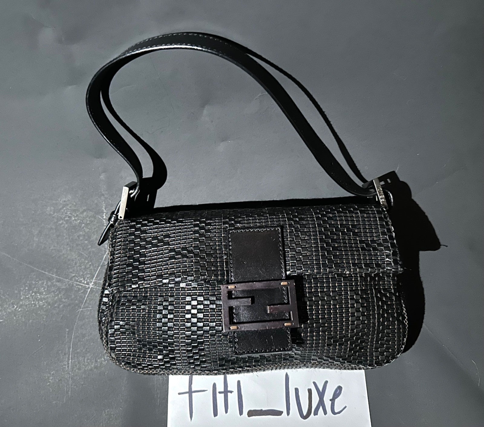 FENDI Baguette Black Woven Zucca Monogram Shoulder Bag