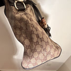 Gucci Brown Beige GG Logo Shoulder Bag Tassel Bamboo Silver Hardware Zip
