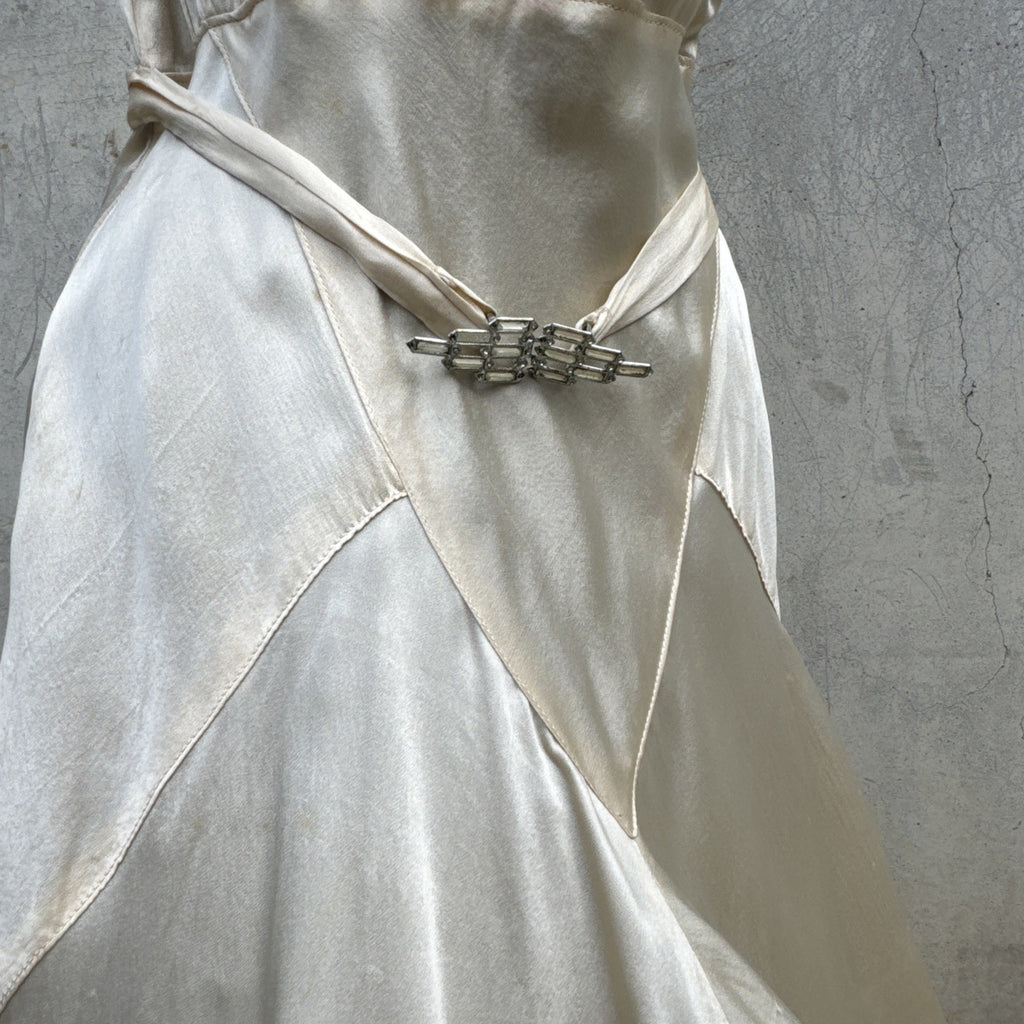 Vintage 1930s White Candlelight Silk Satin Gown Bias Cut Wedding Bridal Dress