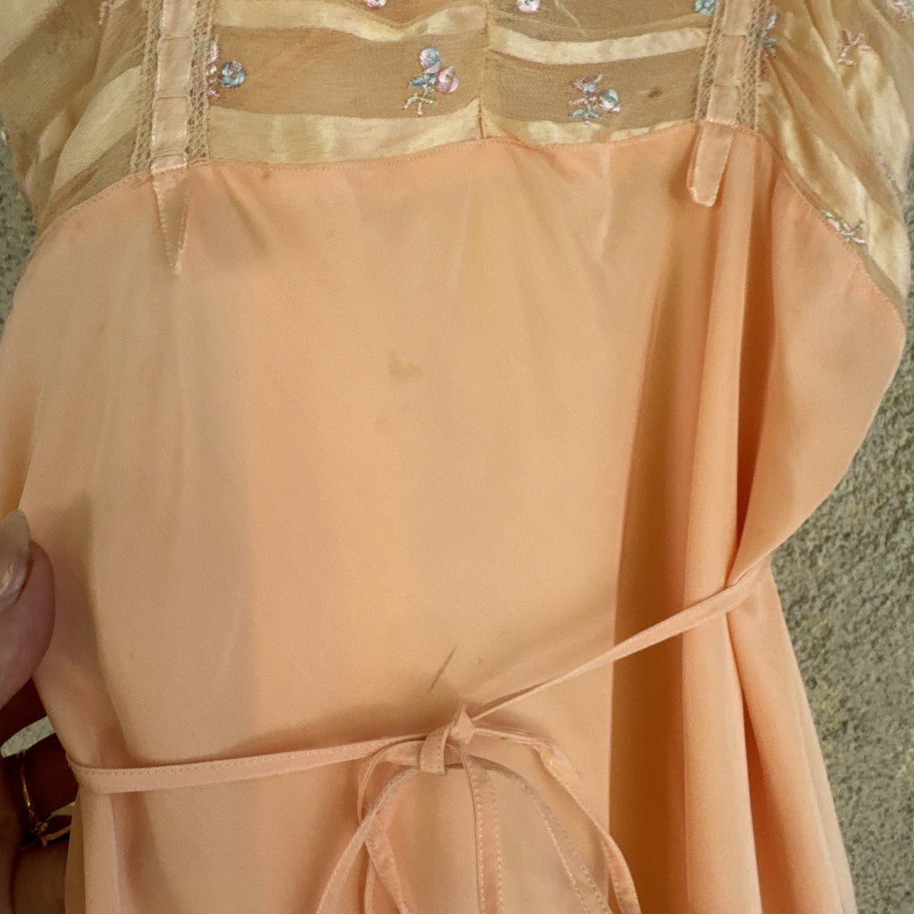 Vintage 1930s Pink Rayon Satin Slip Dress Bias Cut Embroidered Cherries Gown