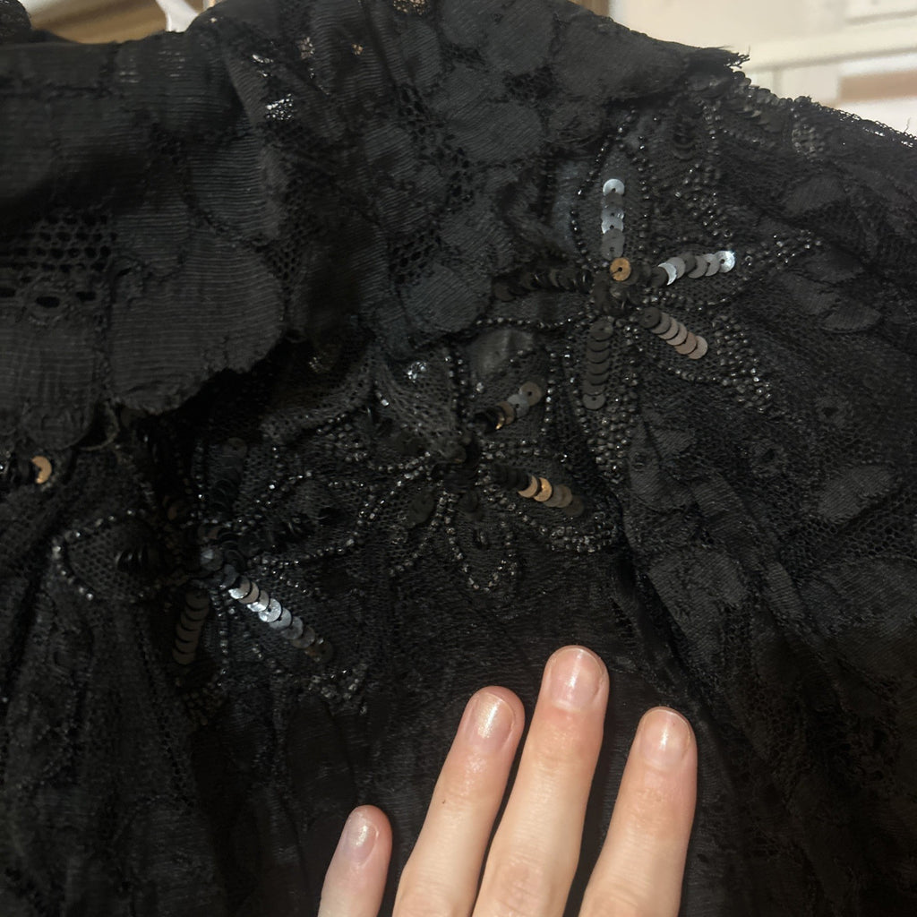 Vintage 1800's Victorian Gothic Black Lace Capelet w/ Beads  + Ruffle Size Small