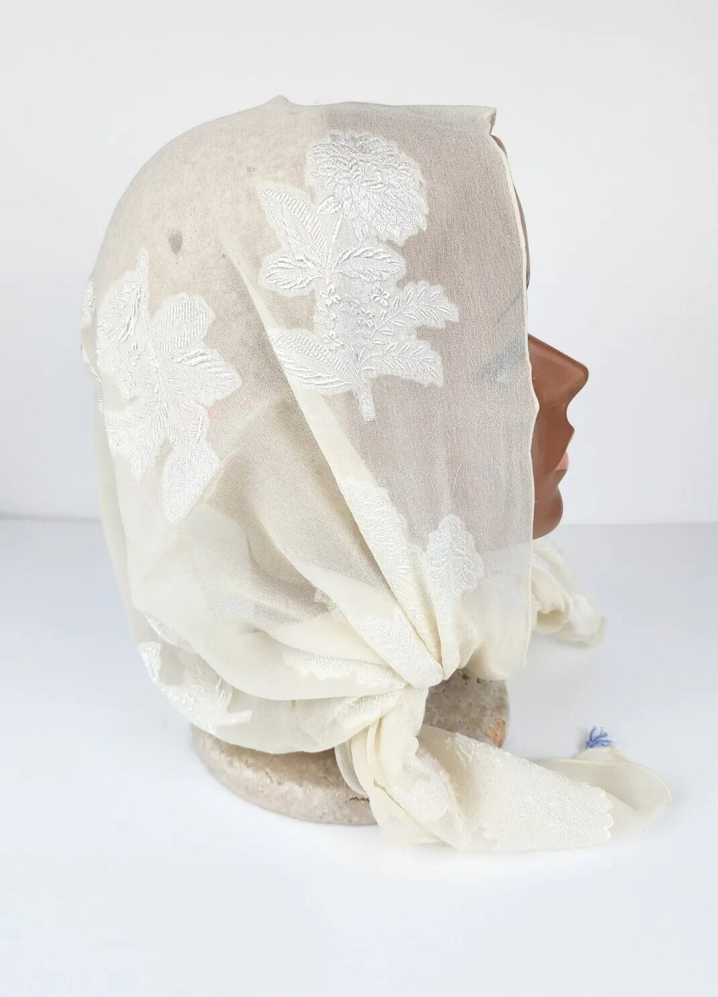 Antique Chiffon Silk Scarf Head & Neck Scarf Delicate Floral White Lace 1900's