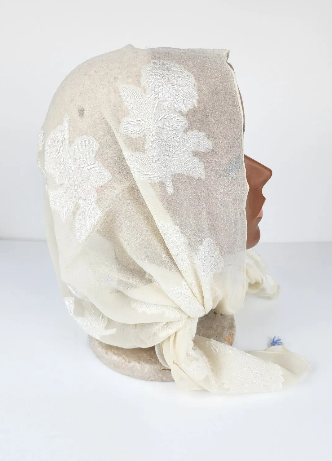 Antique Chiffon Silk Scarf Head & Neck Scarf Delicate Floral White Lace 1900's