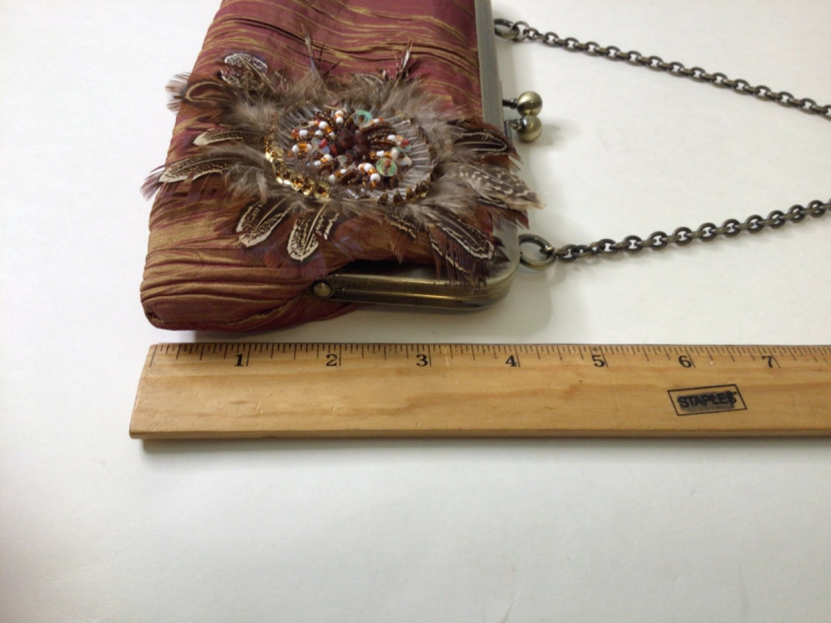 Satin Pleated Evening Clutch with Feather Beading in Bronze