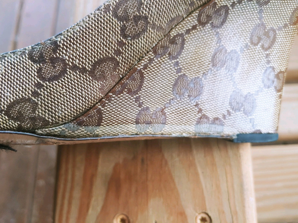 Gucci Beige and Brown GG Canvas Slip On Wedge Heels Size 10