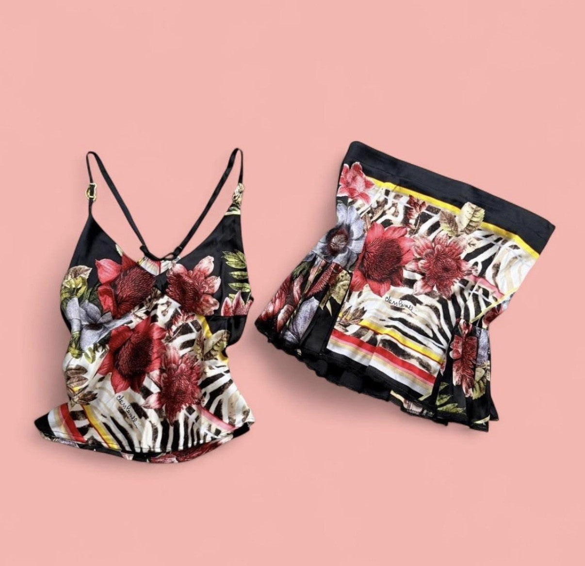Roberto Cavalli SS03 Patchwork Zebra and Florals Top and Skirt Set Small