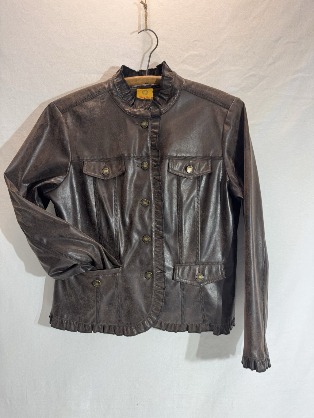 Vintage Women’s Faux Leather Jacket scalloped trim waist length fitted 2 Pockets