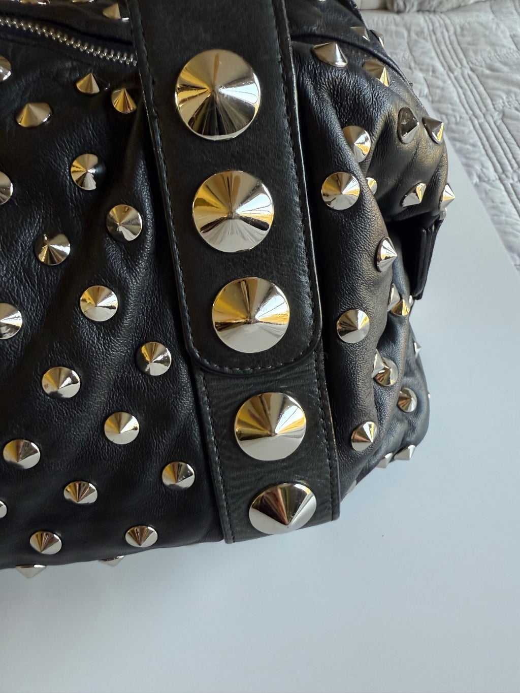 BE&D The Garbo Black Lambskin Leather Studded Bell-Shaped Satchel