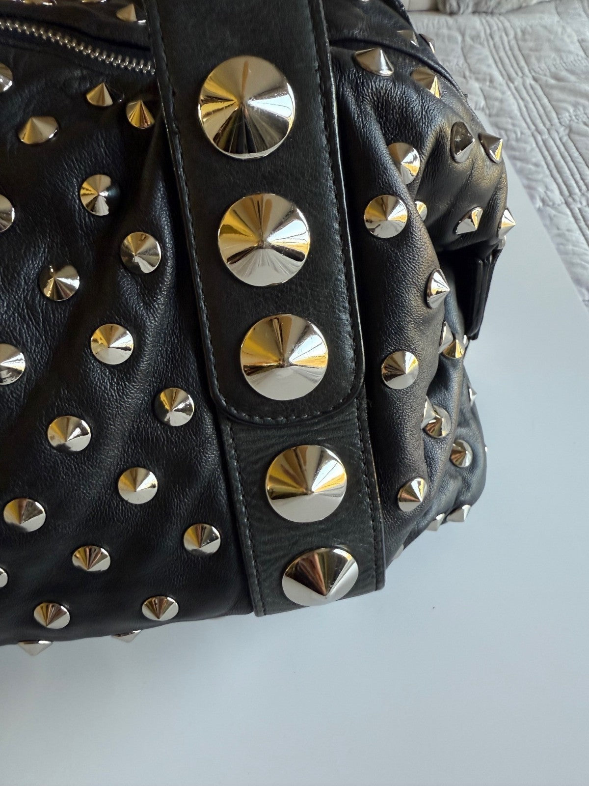 BE&D The Garbo Black Lambskin Leather Studded Bell-Shaped Satchel