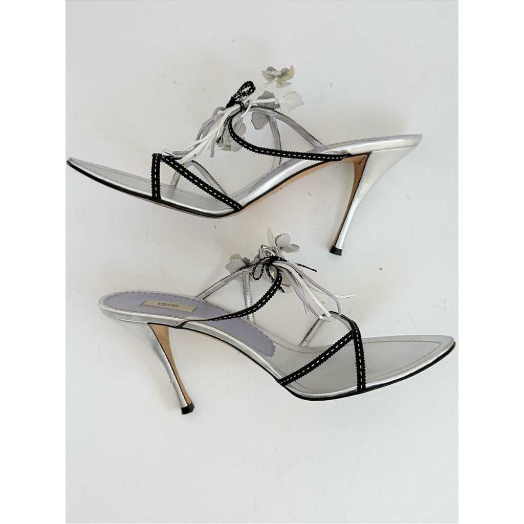 Prada Neiman Marcus 95th Anniversary Floral bouquet Sandals 39 Silver Leather