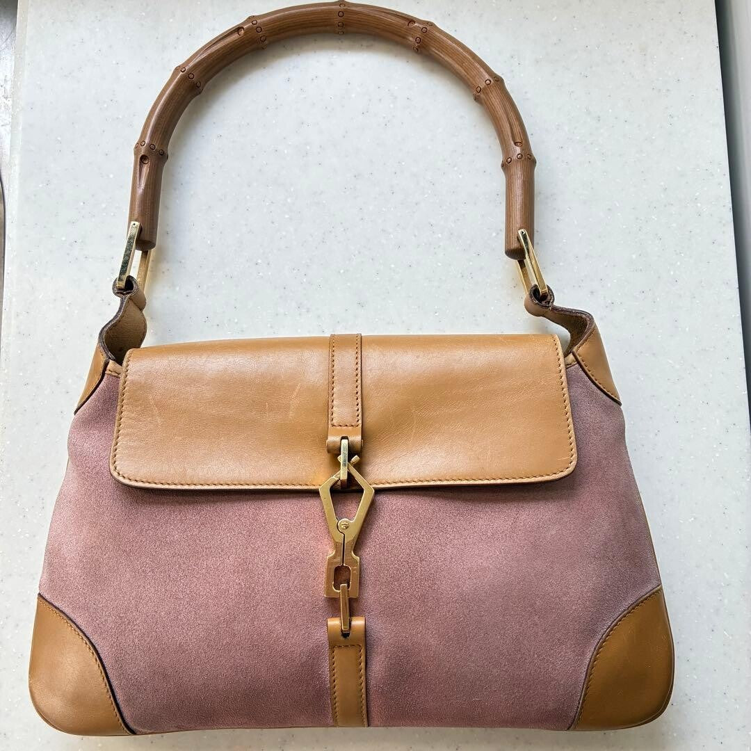 Gucci Jackie Bamboo Shoulder Bag Pink Suede Leather