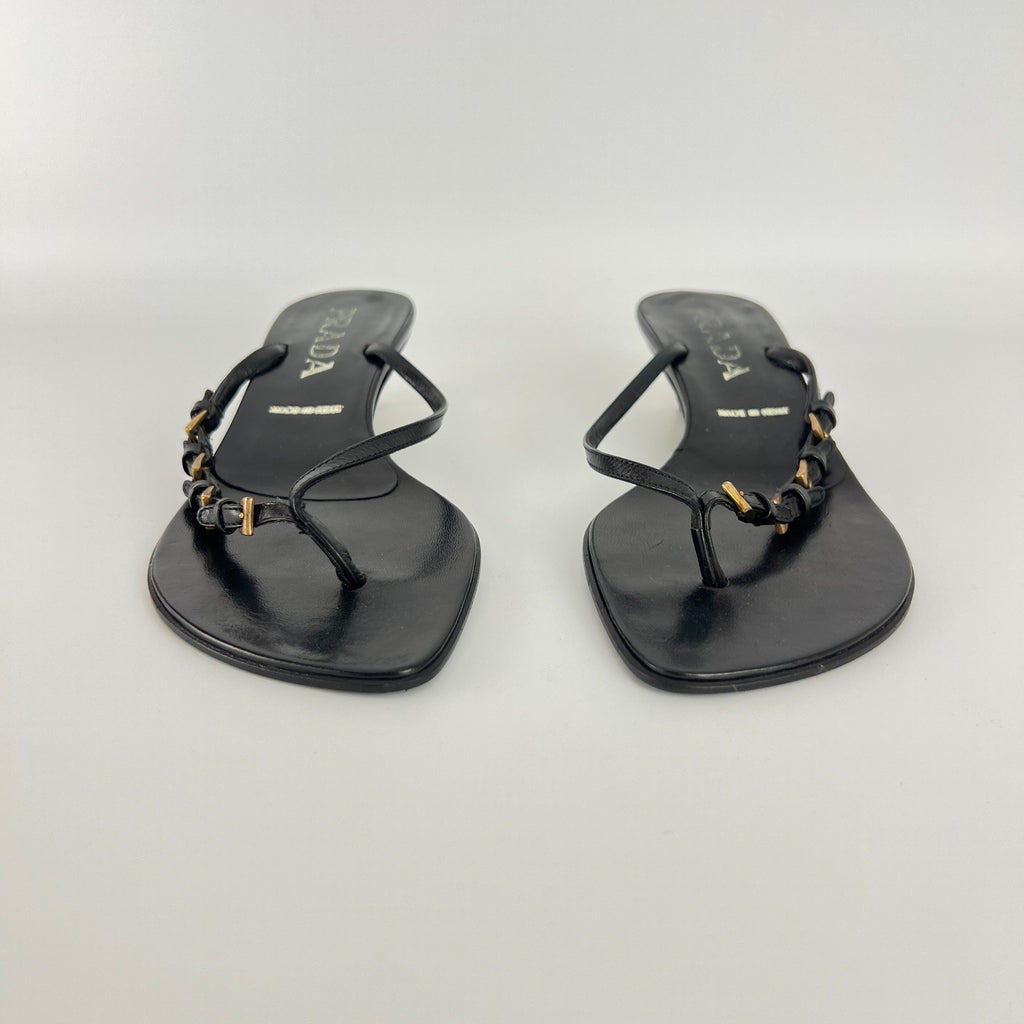 Prada | Auth Vintage Black Leather Gold Buckle Thong Kitten Heels (34.5)