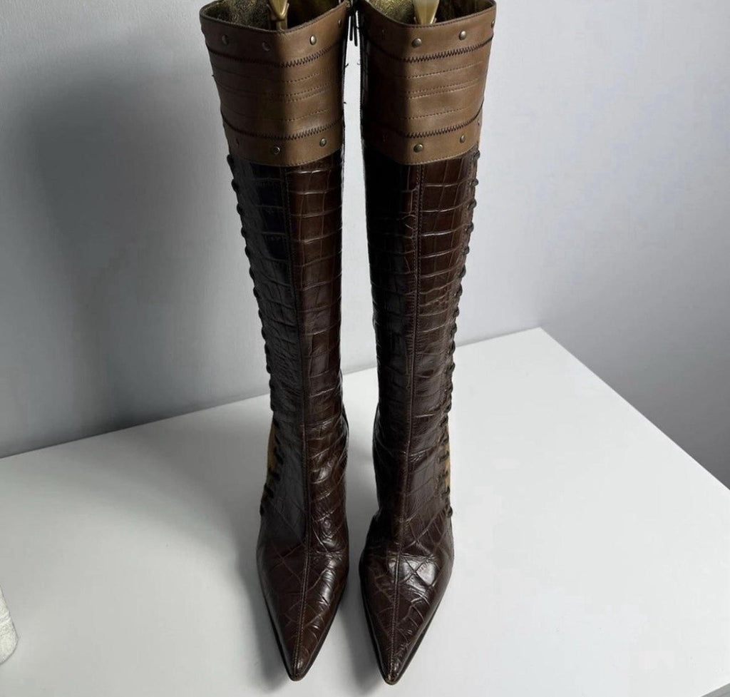 Vintage Avant Garde Just Cavalli Leather Knee High Boots Brown Croc Pointed Toe