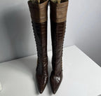 Vintage Avant Garde Just Cavalli Leather Knee High Boots Brown Croc Pointed Toe