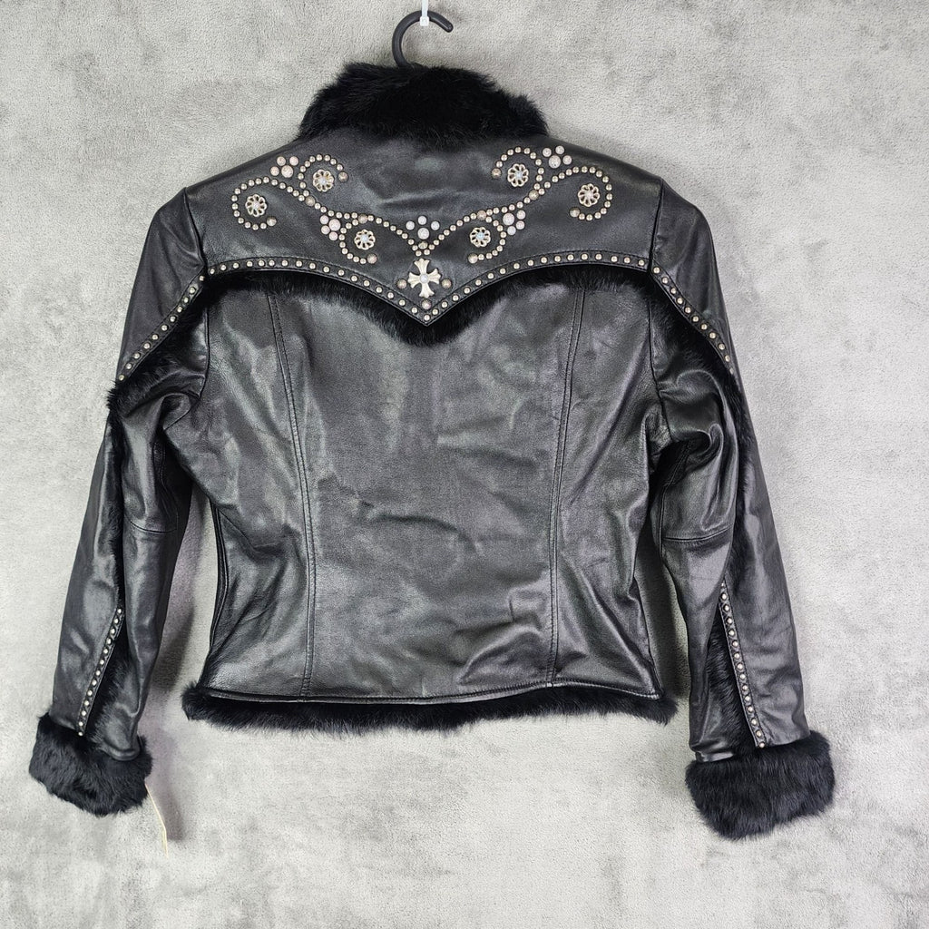 Cripple Creek Studded Black Leather Jacket with Faux Fur Large