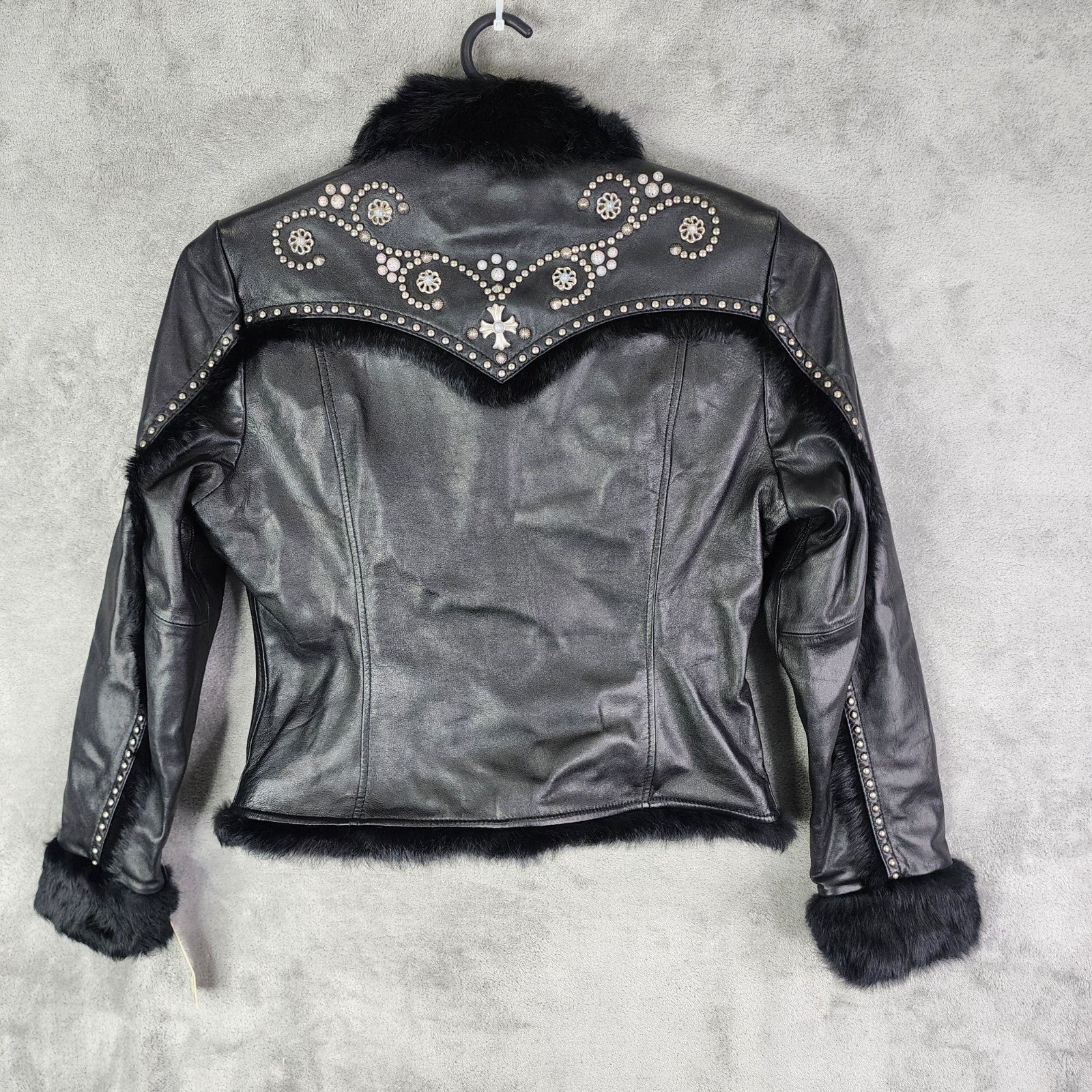 Cripple Creek Studded Black Leather Jacket with Faux Fur Large