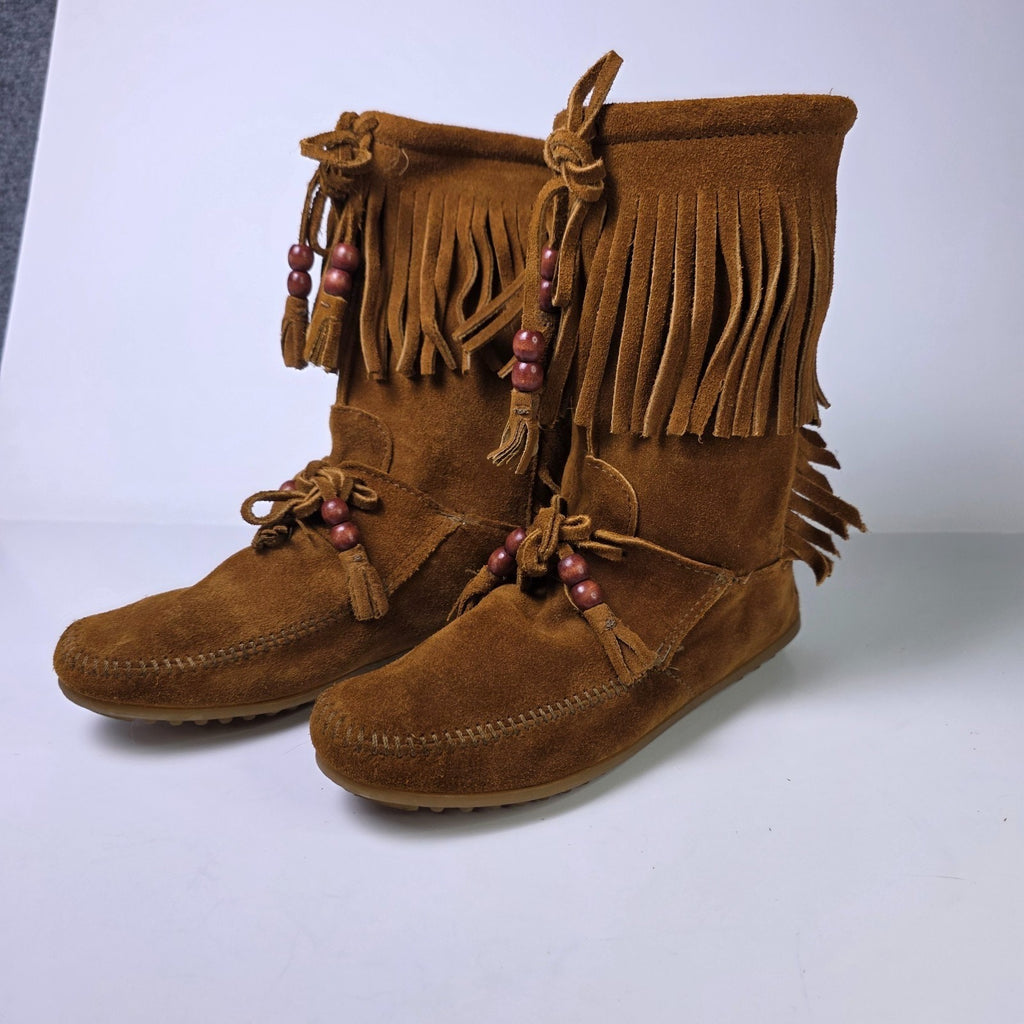 Minnetonka Woodstock Fringe Boots Women's Brown Suede Leather Beads Western - 8