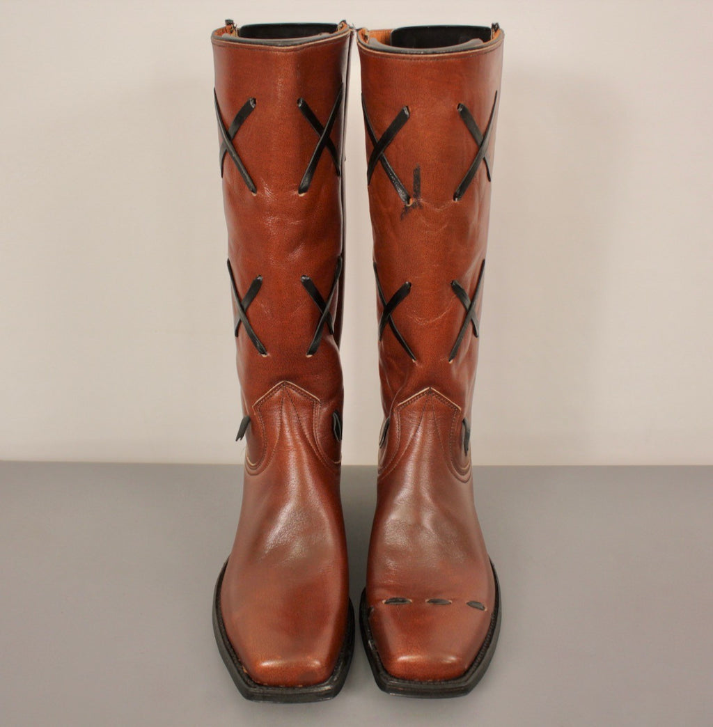 Men's VTG NOS Brown Leather Square Toe Cowboy Boots Sz 8 D 1970s