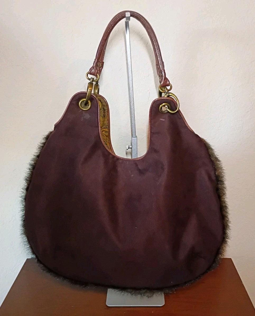 Ipa-Nima Burgundy Leather Beaded Paisley Shoulder Bag with Faux Fur Trim