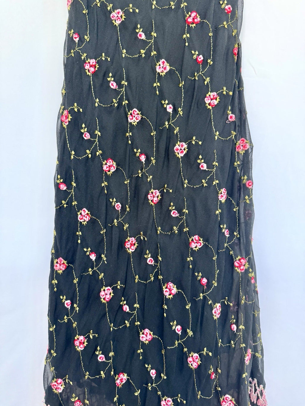 Betsey Johnson Silk Slip Dress Babydoll Black With Pink Roses Beaded Y2K Rare