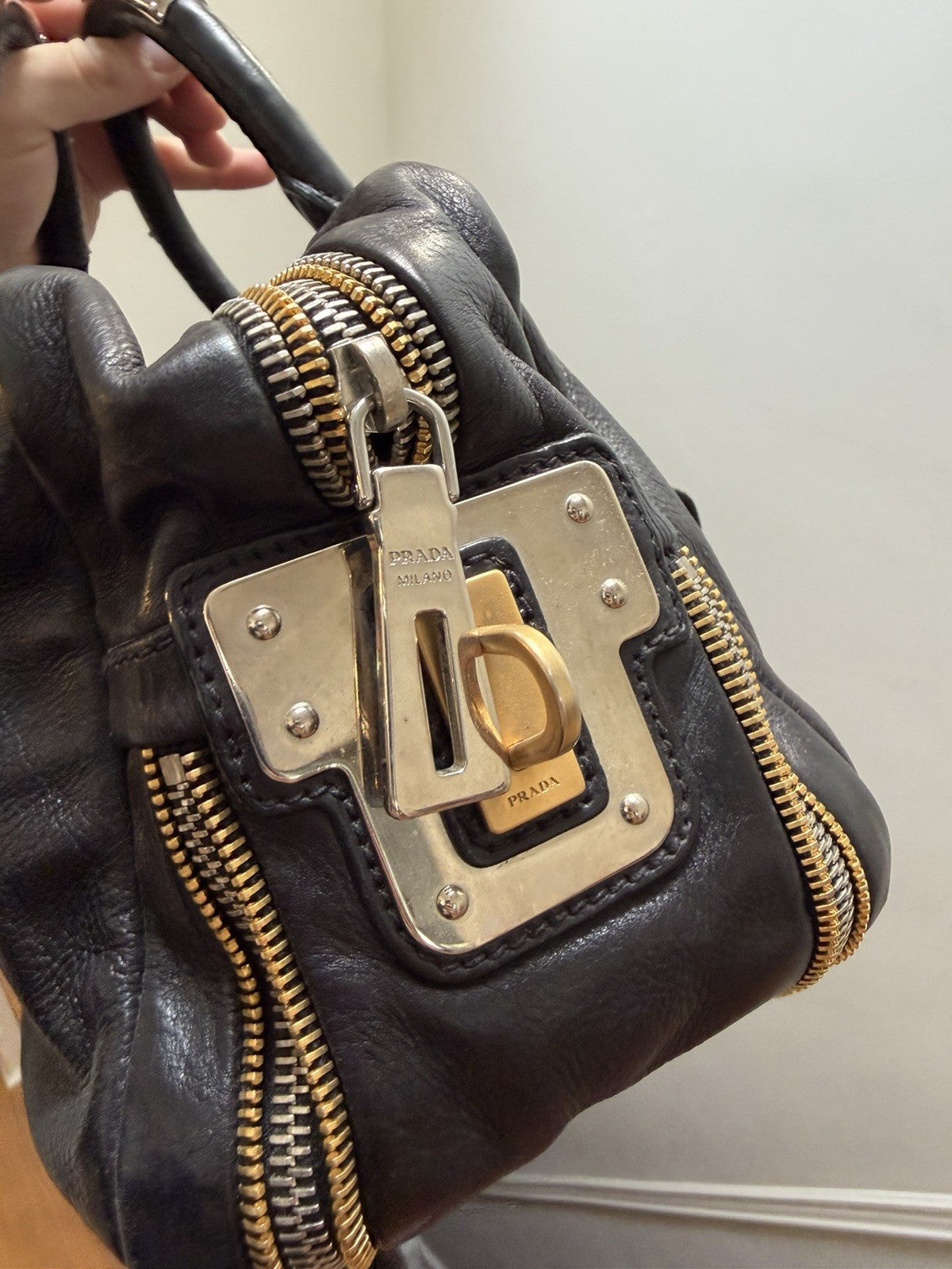 Prada Black Top Handle Bag with Gold Hardware