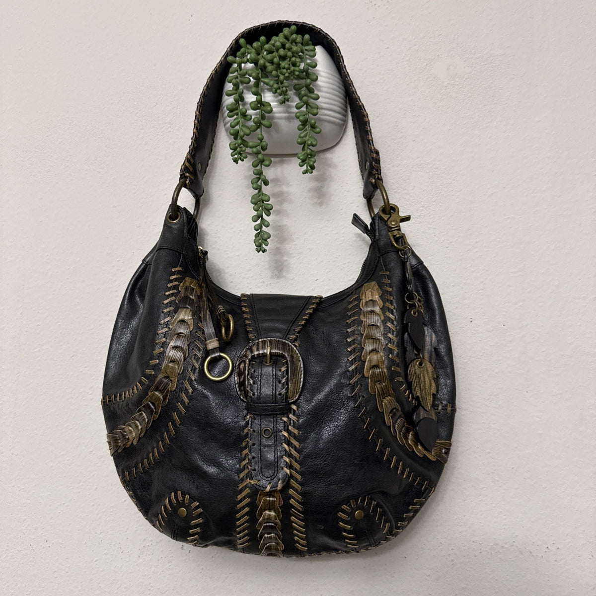 Isabella Fiore Woodland Whipstitch Leather Hobo Bag Black Brown