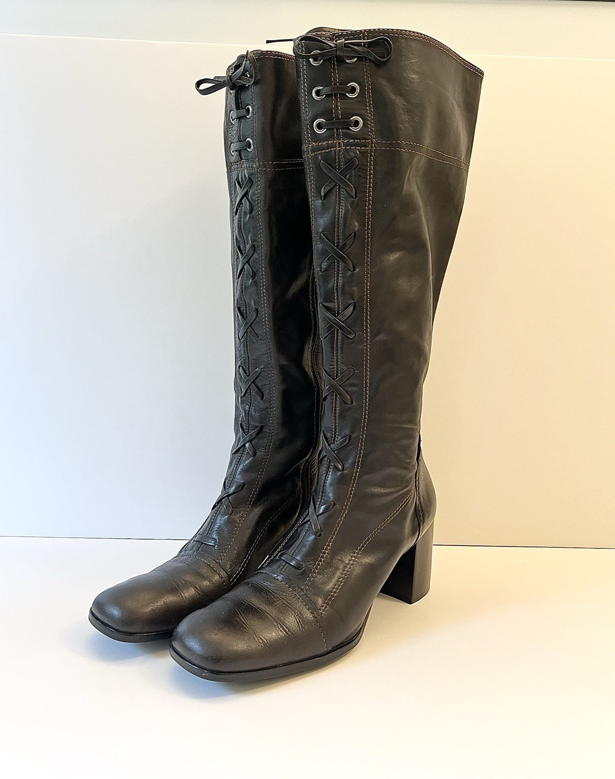 Vintage Brown Leather Lace Up Knee High Boots Women's 8.5