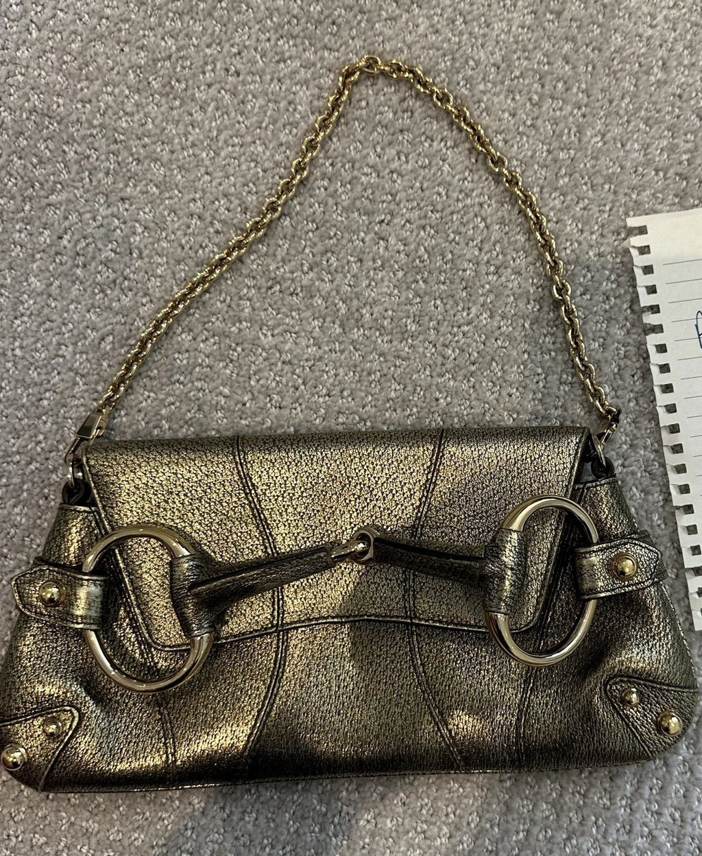 Vintage Gucci Metallic Gold Leather Horsebit Chain Clutch