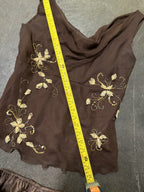 Vintage Y2K Woodland Fairy Brown Floral Silk Beaded Two Piece Skirt Set Asymmetric