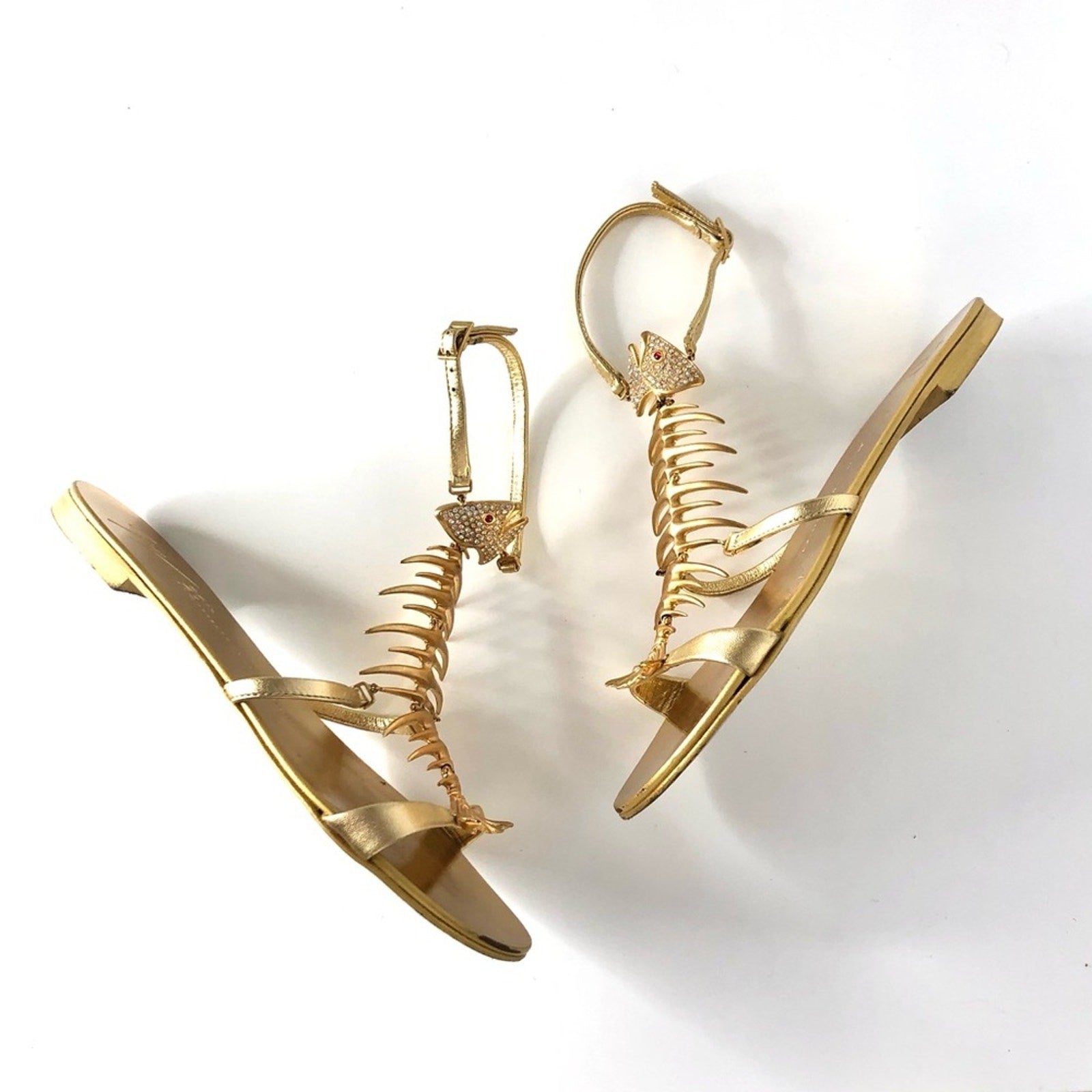 Giuseppe Zanotti Fishbone Gold Piranha Crystal Embellished Flat Sandals 37
