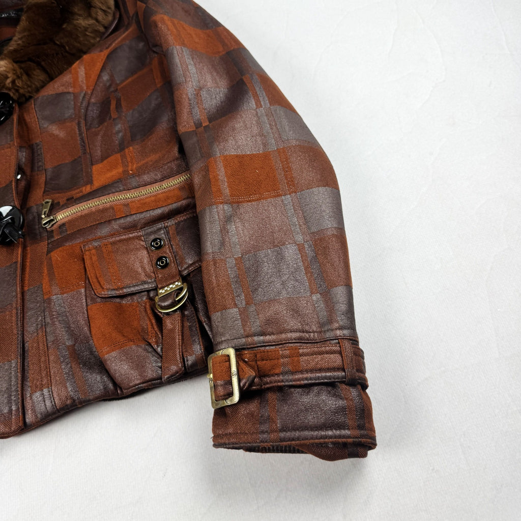 Vintage Brown Plaid Leather Jacket with Fur Collar