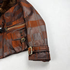 Vintage Brown Plaid Leather Jacket with Fur Collar