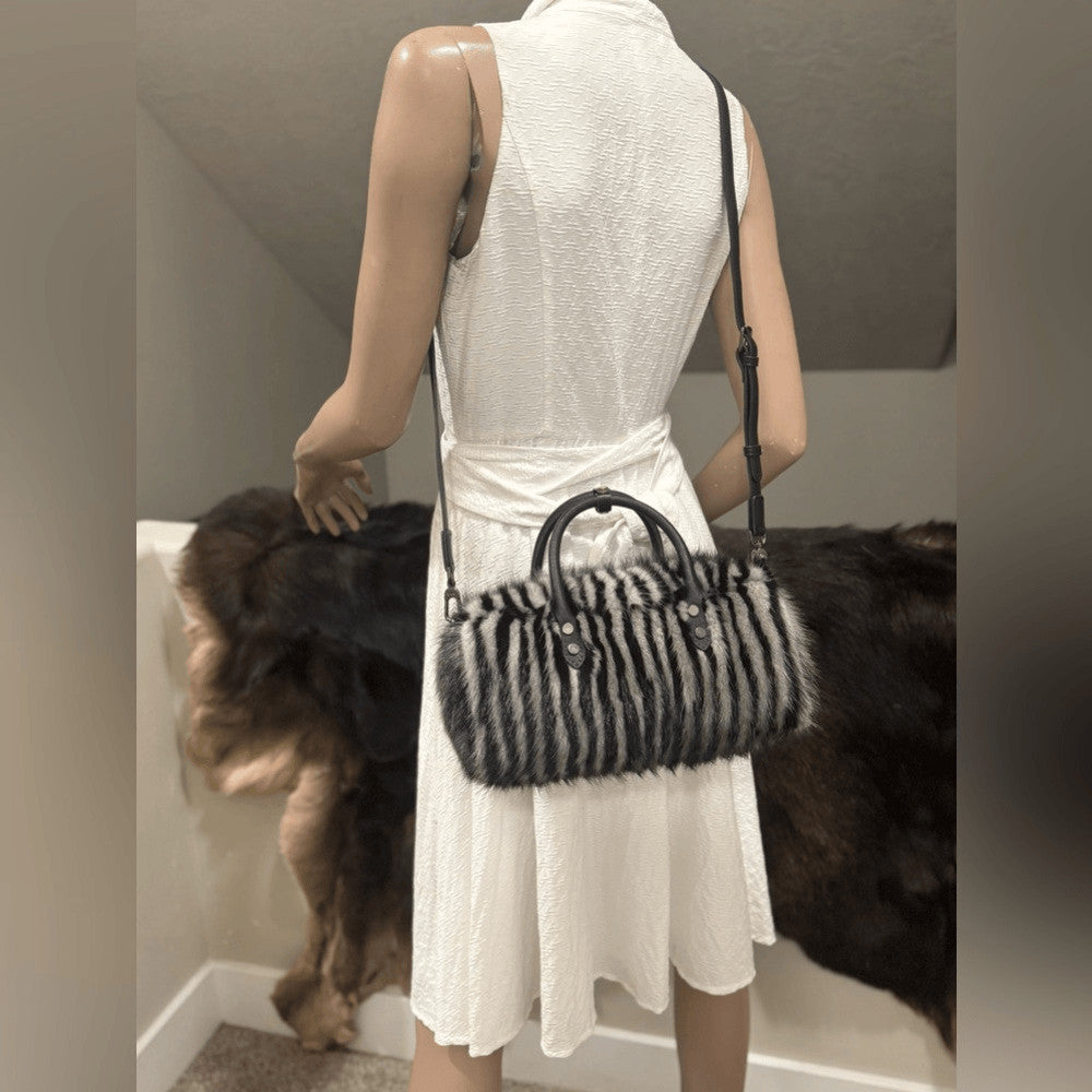 Genuine Mink Fur Pillow Bag with Top Handles and Crossbody Strap